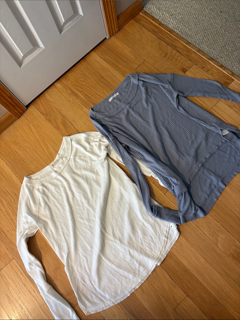 We The Free Ribbed Long-Sleeve Tops — White and Dusty Blue